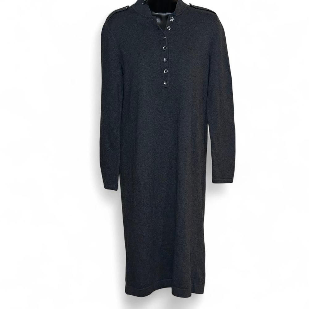 Long sleeve grey button front sweater dress with an oversized relaxed fit